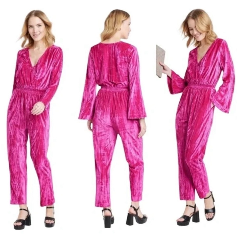 Women's A New Day Pink Velvet Long Sleeve Jumpsuit S Valentines Day Holiday